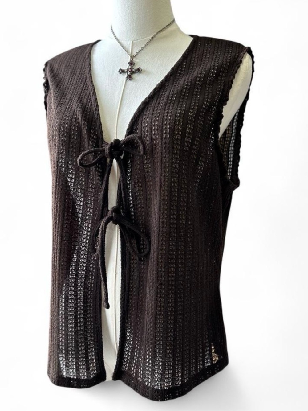 y2k Knit Boho Tie Front V-neck Sleeveless Mesh Dark Brown Woman's Size XL - Picture 2 of 8